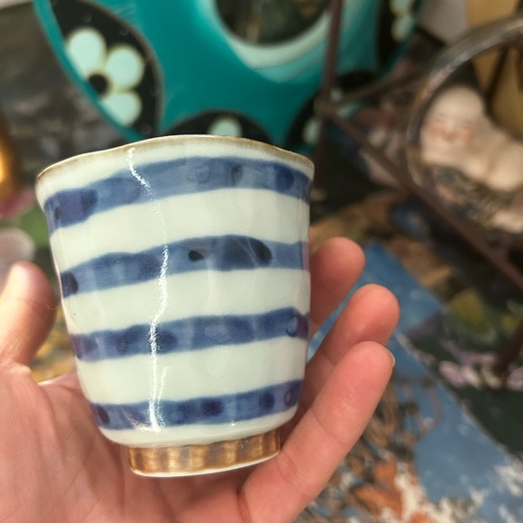 Vintage Japanese Yunomi Tea Cups Pair Stoneware Striped 3" Handmade Pottery - Picture 15 of 16